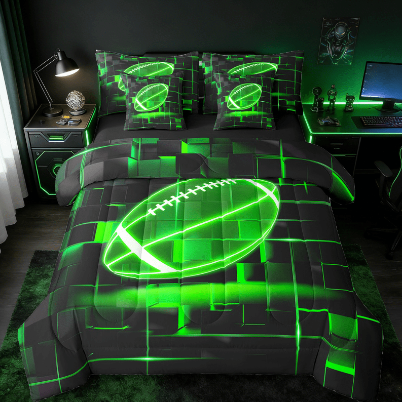 Erosebridal Green Rubgy Bedding Sets Twin Size,Modern Geometric Grid Comforter Sets with Sheets,Glowing Neon Light Bed in a Bag Twin Size For Teens,Breathable Room Decor Reversible,7-Piece