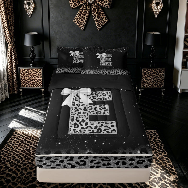 meiyoeat Leopard Print Bow E Initial Zipper Comforter Set with Fitted Sheet and 2 Pillowcases for Women, Sparkly Glitter Monogram Zipper Bedding Set, Black Silver, Black Reversible, 3pcs