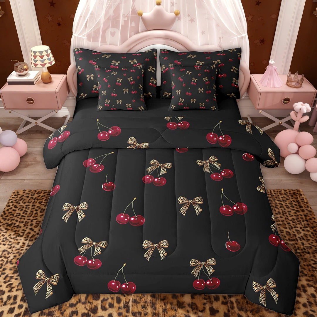 Erosebridal Red Cherry Leopard Print Bow Twin Bedding Sets for Girls, Cherry Bow Bedding Comforter Set, Black Reversible, 7pcs