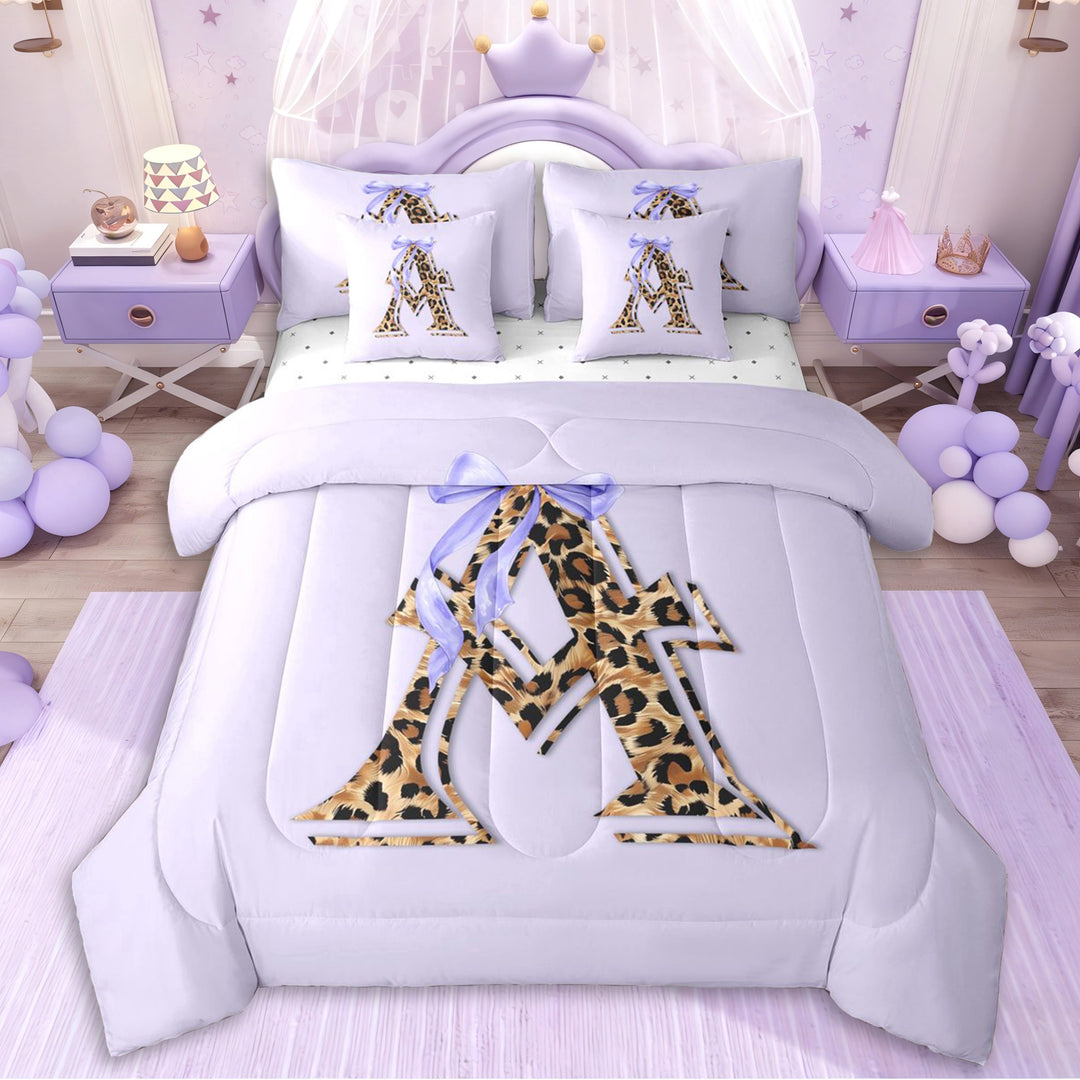 Erosebridal Teens Personalized Initial A Twin Bedding Sets 7-Piece,Girls Purple Bow Cheetah Print Bedding Comforter Set,Lightweight Room Decor