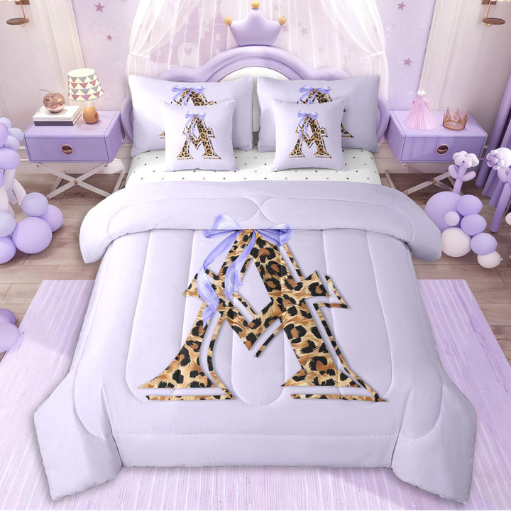 Erosebridal Teens Personalized Initial A Twin Bedding Sets 7-Piece,Girls Purple Bow Cheetah Print Bedding Comforter Set,Lightweight Room Decor