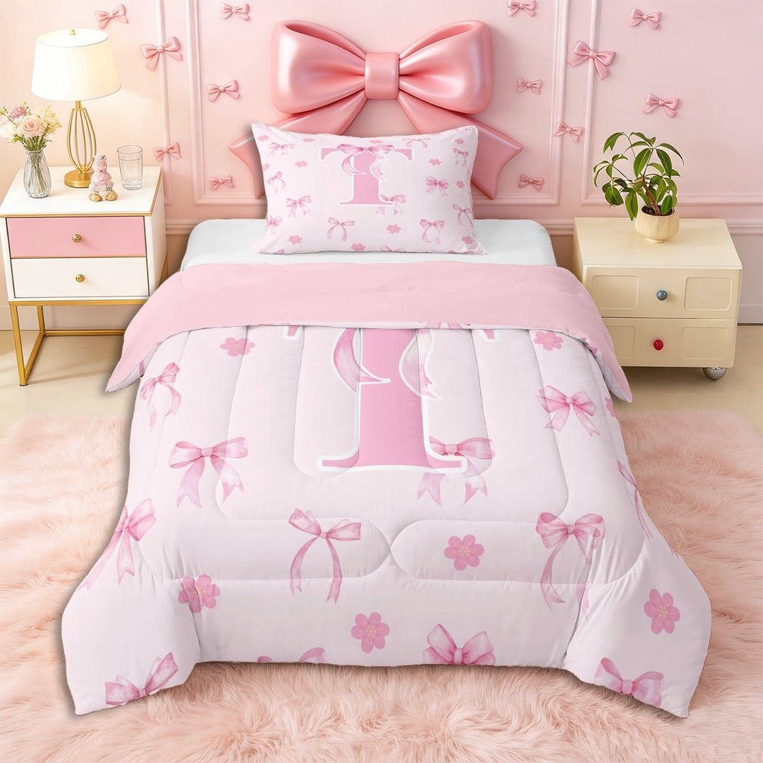Erosebridal Pink Bowknot Personalized Initial T Twin Comforter Sets 3-Piece,Japanese Style Sakura Bedding Set,Pink Reversible,Lightweight Room Decor