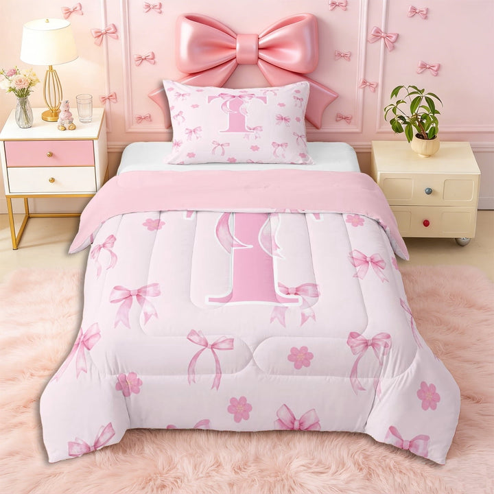 Erosebridal Pink Bowknot Personalized Initial T Twin Comforter Sets 3-Piece,Japanese Style Sakura Bedding Set,Pink Reversible,Lightweight Room Decor