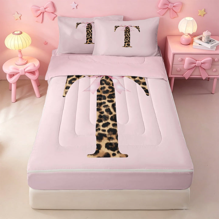 meiyoeat Leopard Bow Monogram T Zipper Full Size Comforter Sets with Fitted Sheet and 2 Pillowcases,Brown Print Letter Aesthetic Zipper Bedding Set For Girl,Pink Reversible,4-Piece