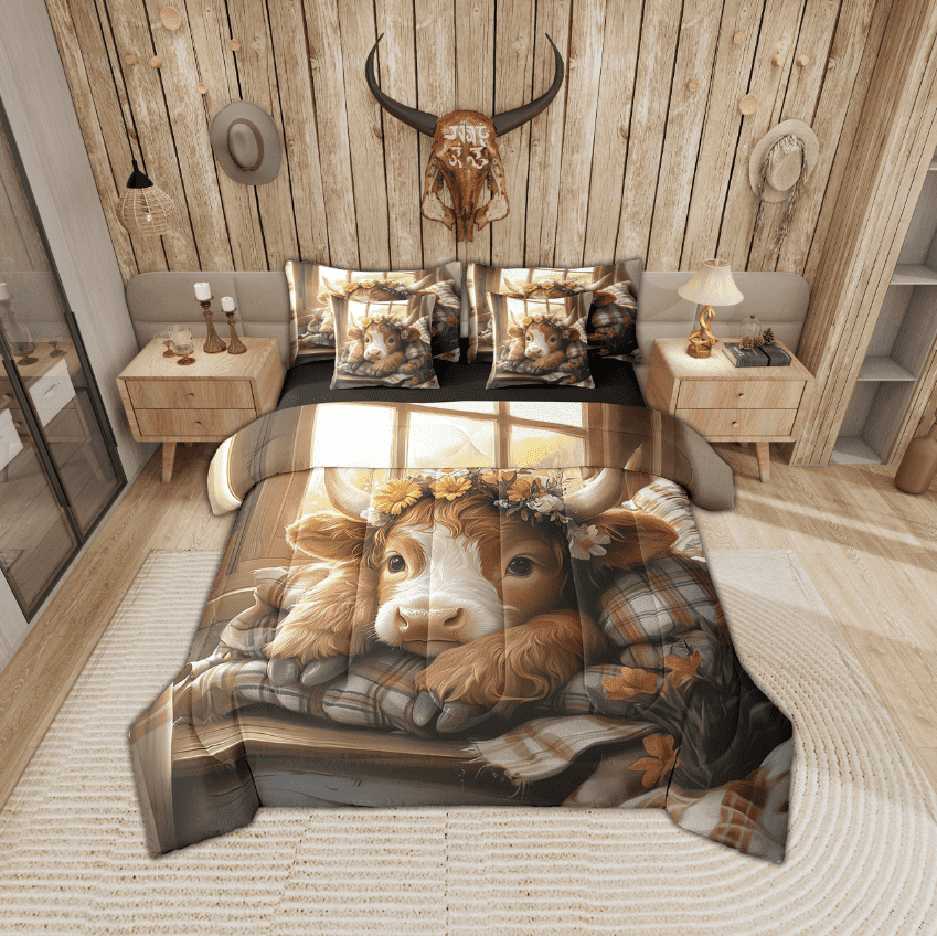 Erosebridal Highland Cattle Bedding Sets Twin Size, Vintage Farmhouse Comforter Sets with Sheets, Farm Animal Bedroom Decor, Reversible 7-Piece
