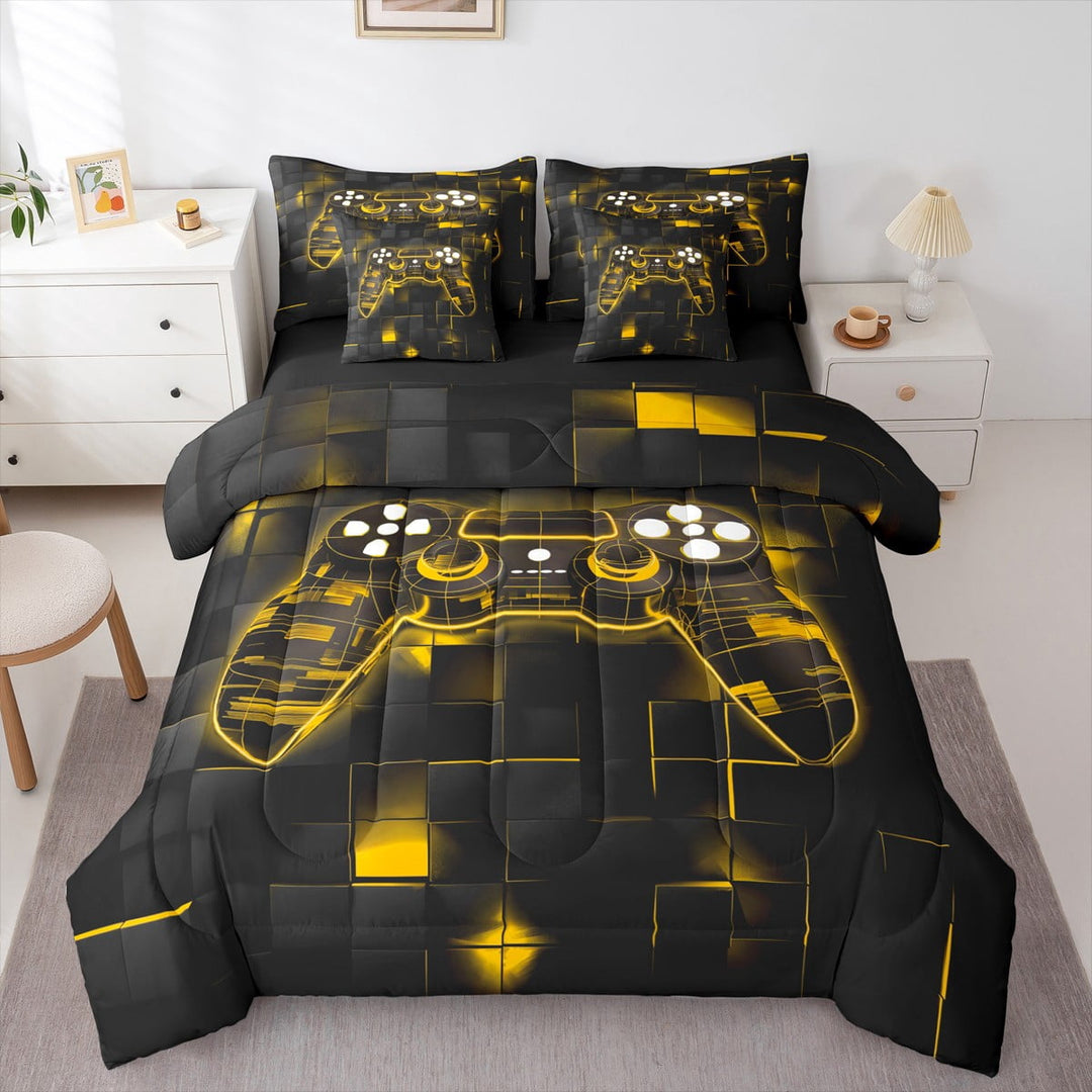 Yellow Gamer Bedding Teens Gaming Bed in a Bag Twin 7 Pcs, Game Quilt Bedroom Decor,Neon Lights Gamepad Fitted Sheet Geometry Grid Down Comforter Game Reversible Bedding Set