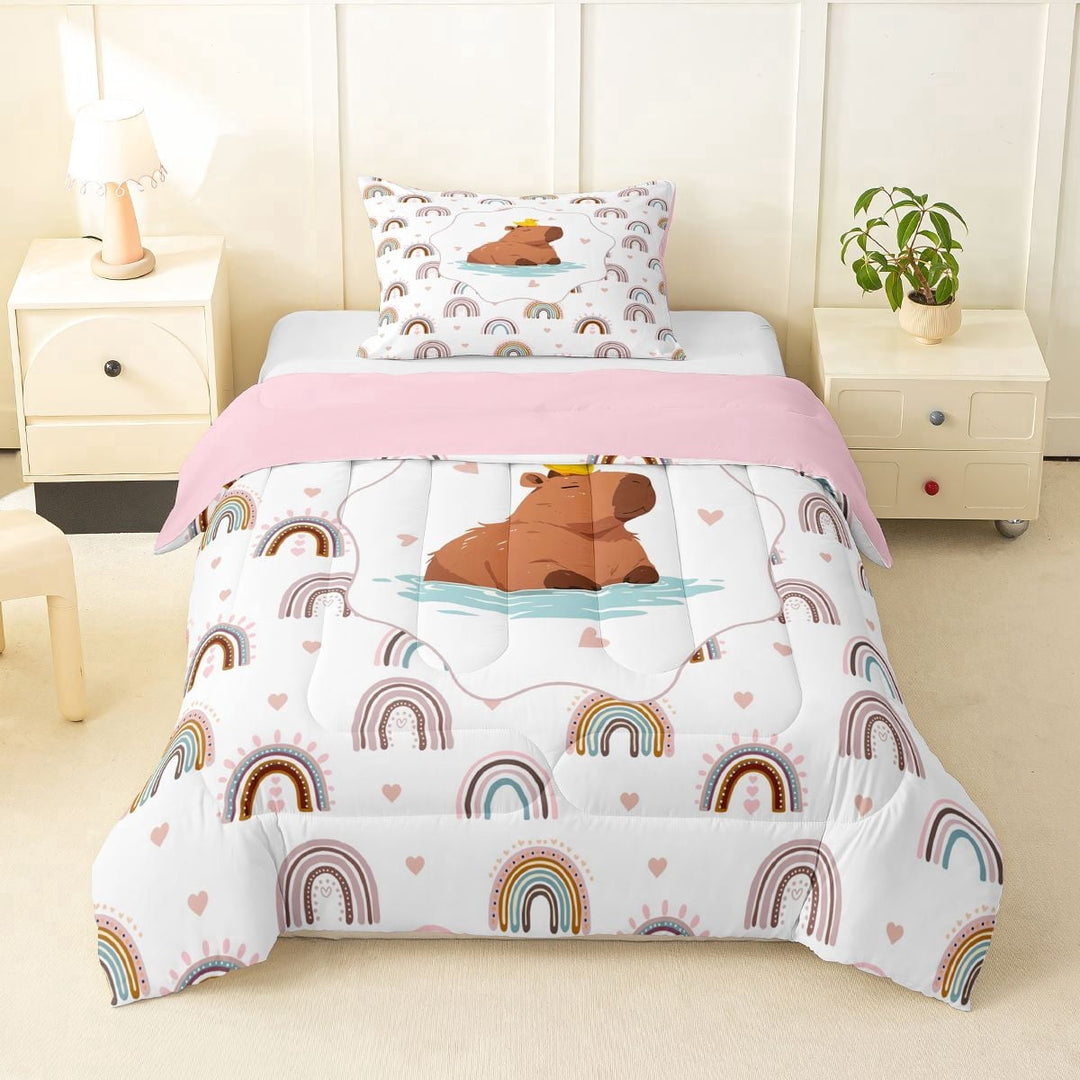Erosebridal Animal Capybara Duck Twin Comforter Sets 3-Piece For Child Boys Girls,Kids Cartoon Rainbow Bedding Set,Pink Reversible