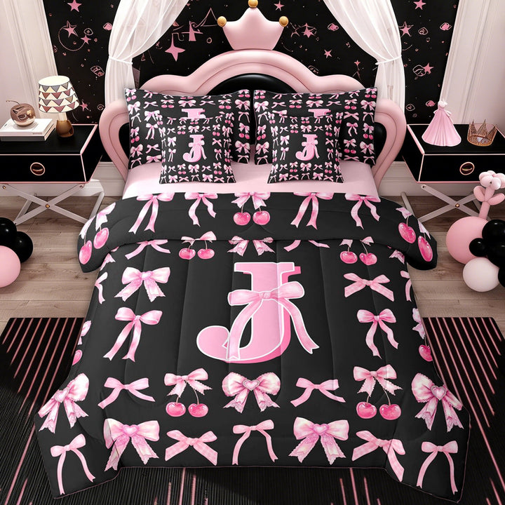 Erosebridal Bowknot Letter J Twin Bedding Sets for Kid, Cartoon Princess Bedding Comforter Set, 7 Pieces
