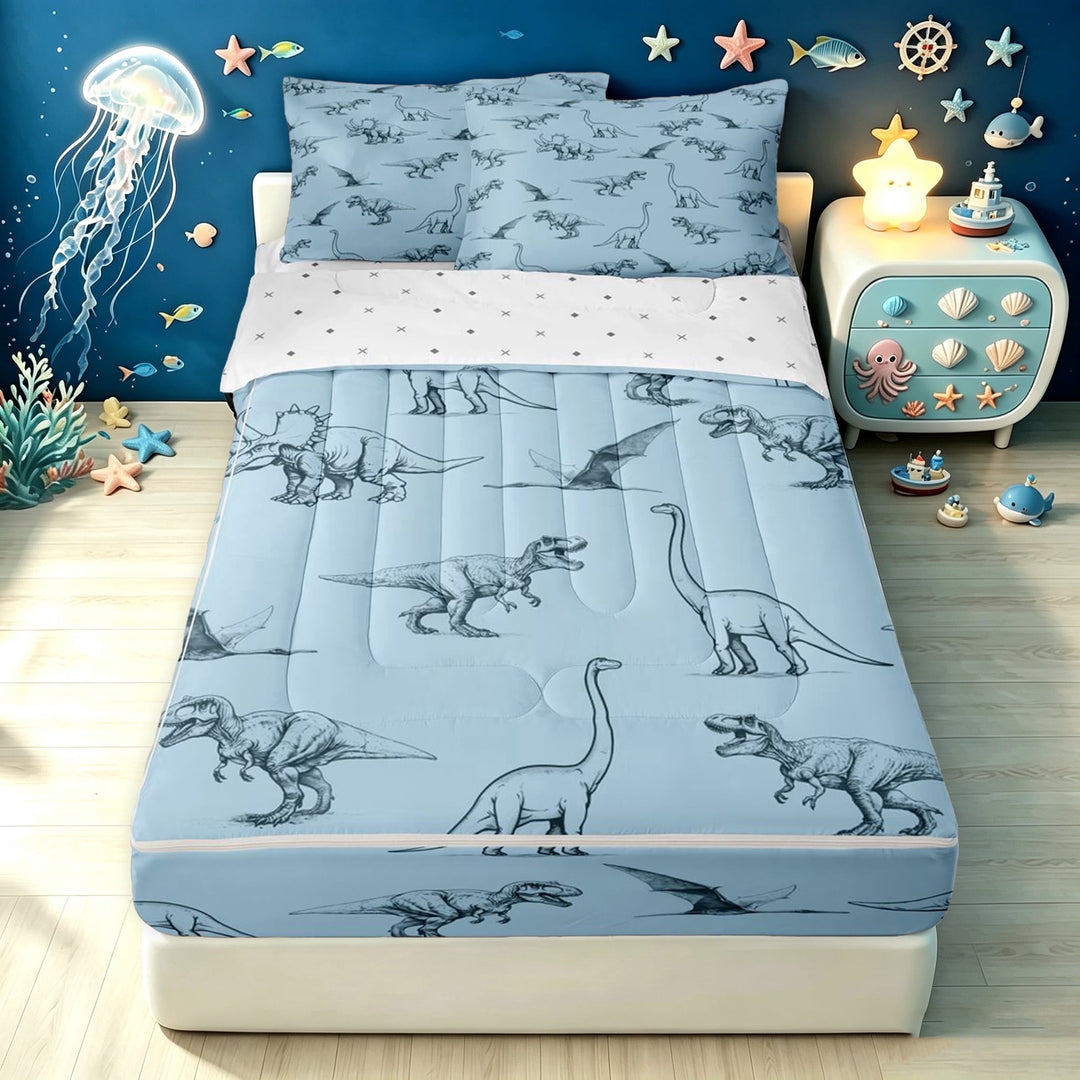 meiyoeat Blue Dinosaur Wildlife Zipper Full Size Comforter Sets with Fitted Sheet and 2 Pillowcases for Boys Girls, Simple Line Animal Zipper Bedding Set, Blue, Reversible, 4-Piece