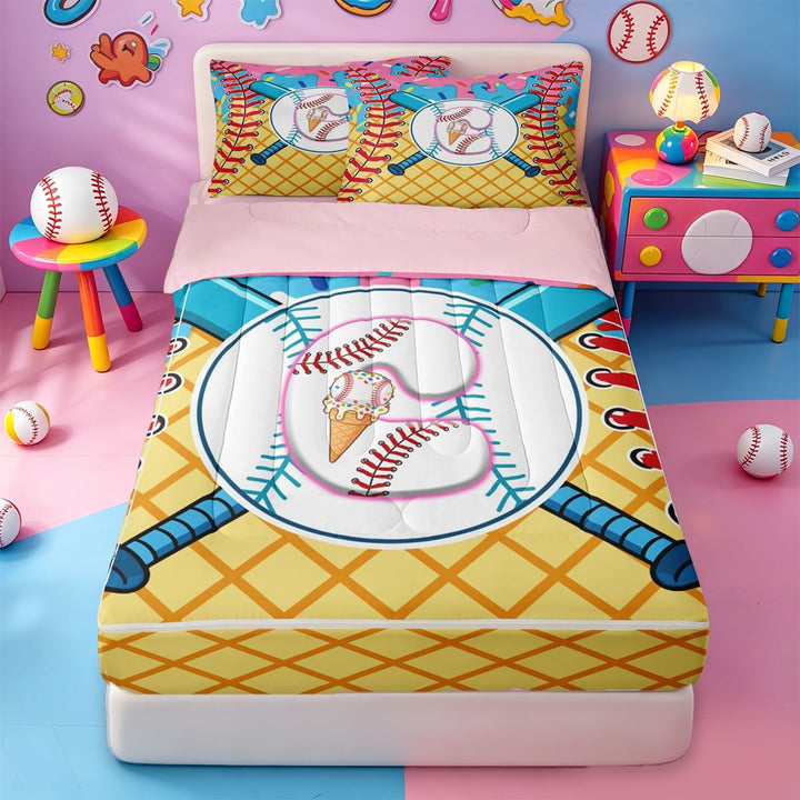 meiyoeat Kids Ice Cream Drip Zipper Twin Comforter Sets with Fitted Sheet and 2 Pillowcases,Personalized Baseball Initial Print Letter C Zipper Bedding Set For Baseball Boys,pink Reversible,4 Pieces