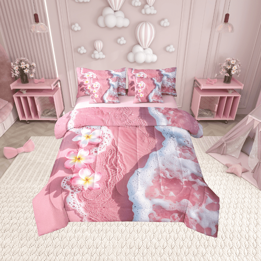 Erosebridal Romantic Marine Bedding Sets Twin Size, Coastal Beach Comforter Sets with Sheets, Pink Flower Reversible Bed Set, Lightweight Bedroom Decor, 7pcs