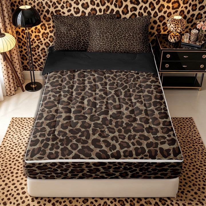 Meiyoeat Classic Leopard Print Zipper Twin Comforter Sets with Fitted Sheet and 2 Pillowcases, Wild Animal Spot Pattern Zipper Bedding Set, Brown Black,4-Piece,Black Reversible