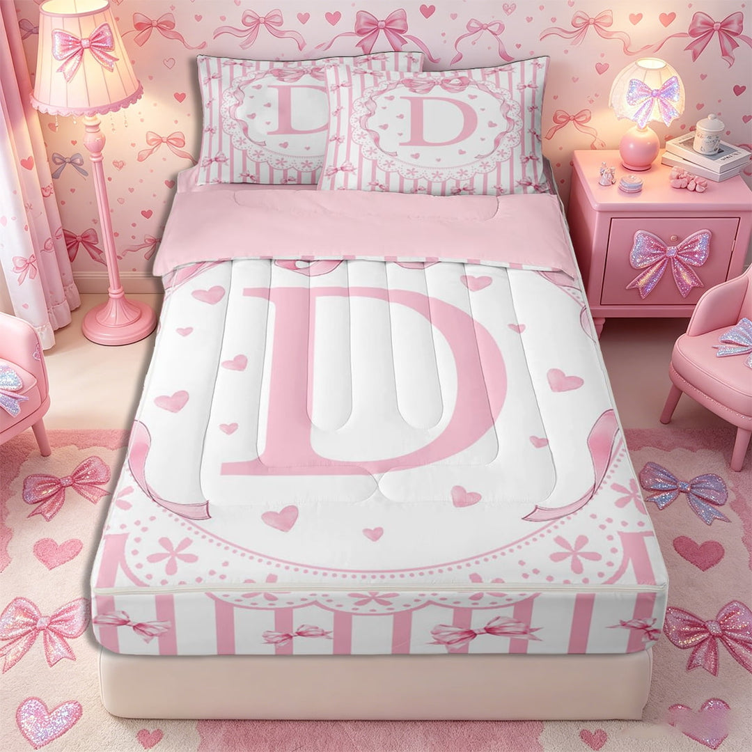 Meiyoeat Love Heart Initial D Print Zipper Full Size Comforter Sets with Fitted Sheet and 2 Pillowcases, Pink Flowers Stripes Bow Zipper Bedding Set,4pcs,Pink Reversible