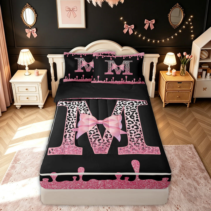 meiyoeat Leopard Print Letter M Zipper Comforter Set with Fitted Sheet and 2 Pillowcases for Girls Kids, Bow Initial Zipper Bedding Set for Bedroom, Pink, Black Reversible, 3pcs