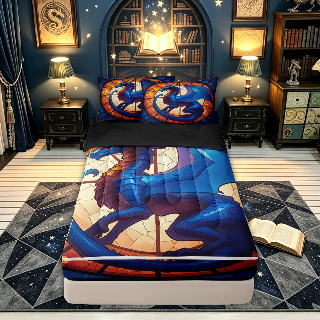 meiyoeat Blue Glass Dragon Zipper Comforter Set with Fitted Sheet and 2 Pillowcases for Boys Girls Kids, Church Art Wildlife Zipper Bedding Set, Blue Orange, Black Reversible, 3 Pieces