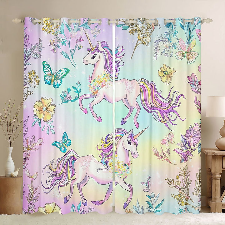 Rainbow Unicorn 30%-50% Blackout Curtains Ombre Purple Unicorn Curtains Unicorn Bedroom Decor Cartoon Kawaii Window Curtains Elegant Butterfly Botanical Leaves Darkening Curtains 38X45