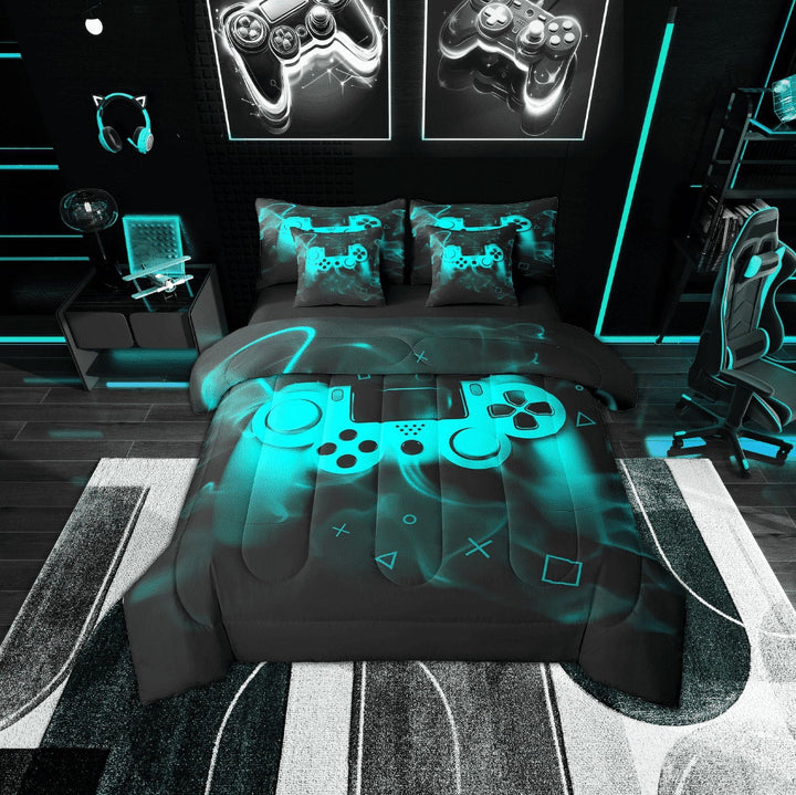 Erosebridal Cyan Gamepad Bedding Twin Size, Teens Gamer Gaming Comforter Sets with Sheets, Game Theme Bedroom Decor, Reversible 7pcs