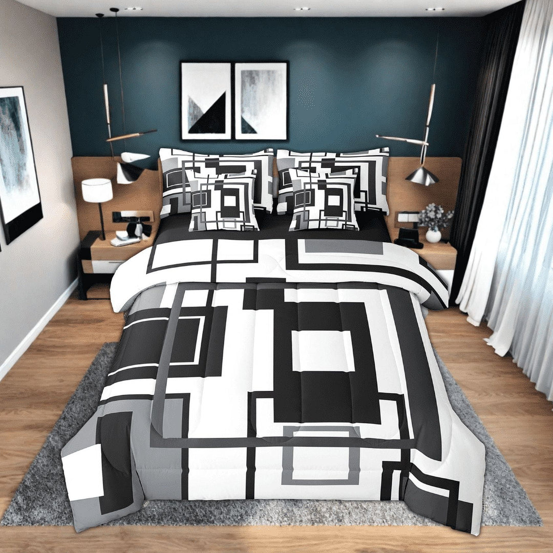 Erosebridal Black White And Grey Comforter Set 7 Piece King For Adults Men,Abstract Geometric Bedding Set Geometry Square Striped Bed In A Bag Simple Lines Bed Set Modern Bedroom Decor