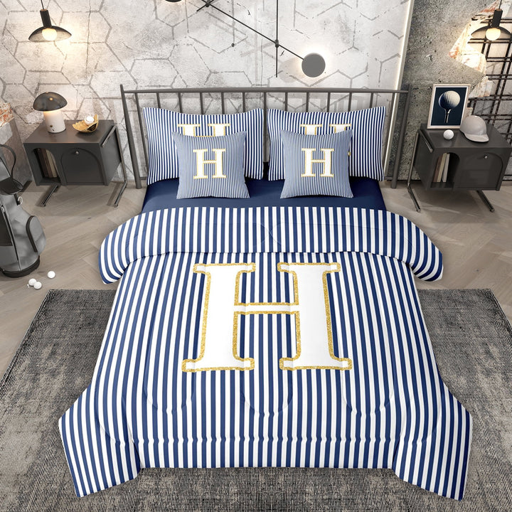 Erosebridal Letter H Kids Twin Bedding Sets 7-Piece, Modern Abstract Bedding Comforter Set, Blue Reversible