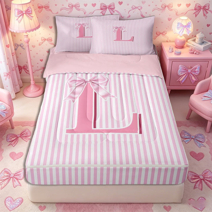 Meiyoeat Sweet Bow Letter L Zipper Twin Comforter Sets with Fitted Sheet and 2 Pillowcases for Girls Kids, Cute Stripe Zipper Bedding Set for Nursery, Light Pink White,4-Piece,Pink Reversible