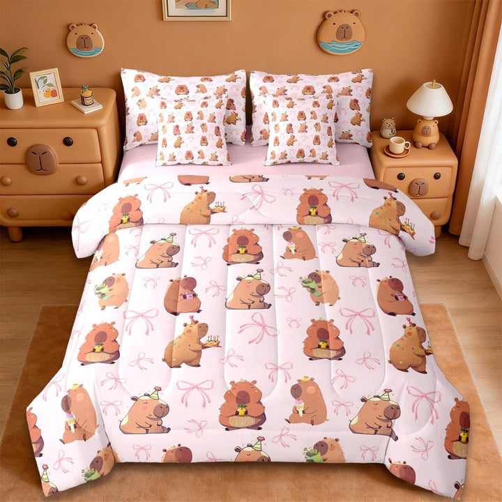 Erosebridal Brown Cartoon Capybaras 7-Piece Twin Bedding Sets For Kids,Pink Bow Cute Bowknot Bedding Comforter Set For Bowtie Girls ,Reversible Pink