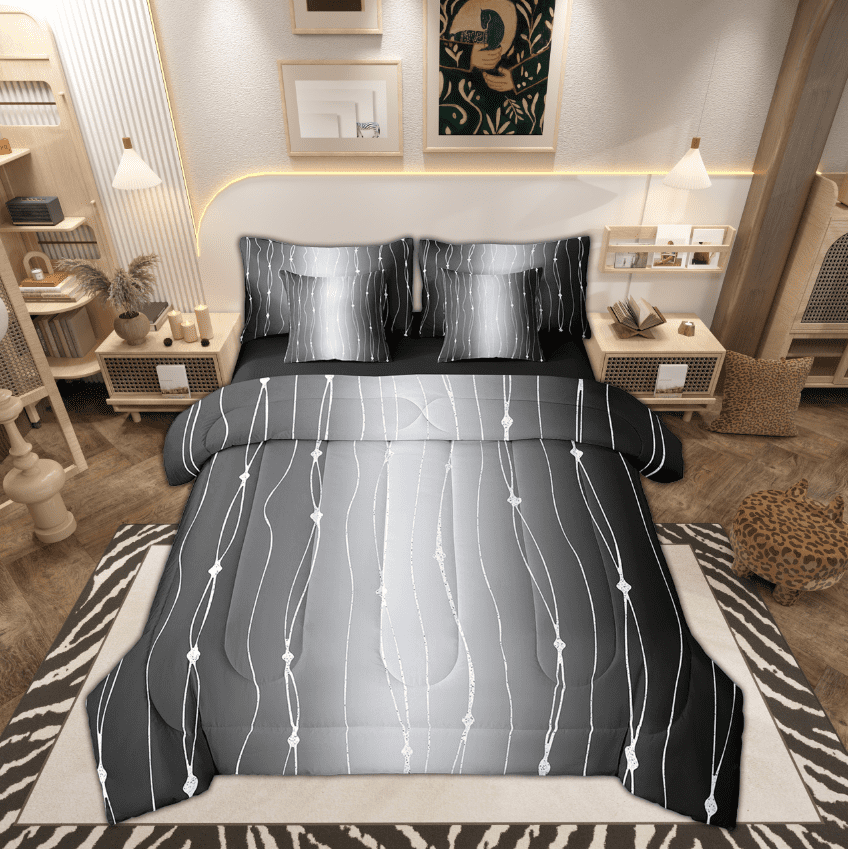 Black and Grey Full Comforter Set 7-Piece Gradient Ombre Bedding Comforter Sets, Wave Lines Dots Bed in a Bag Aesthetic Geometry Bedding Set Modern Abstract Bed Sheets Set Bedroom Decoratives