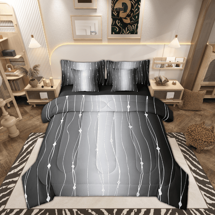 Black and Grey Full Comforter Set 7-Piece Gradient Ombre Bedding Comforter Sets, Wave Lines Dots Bed in a Bag Aesthetic Geometry Bedding Set Modern Abstract Bed Sheets Set Bedroom Decoratives