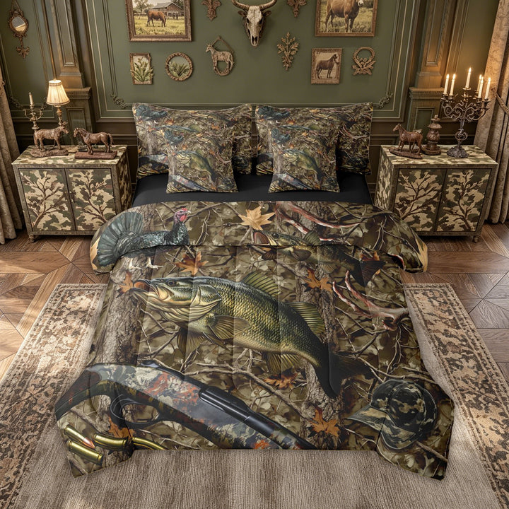 meiyoeat Farmhouse Outdoor Hunting Full Size Bedding Sets for Men Boys, Camo Forest Branches Full Size Bed in a Bag, Brown Green, Black Reversible, 7-Piece