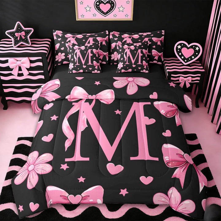 Erosebridal Cute Bowtie Letter M 7-Piece Twin Bedding Sets,Pink Bowknot Kawaii Loves Pattern Bedding Comforter Set For Girls Kids,Reversible black