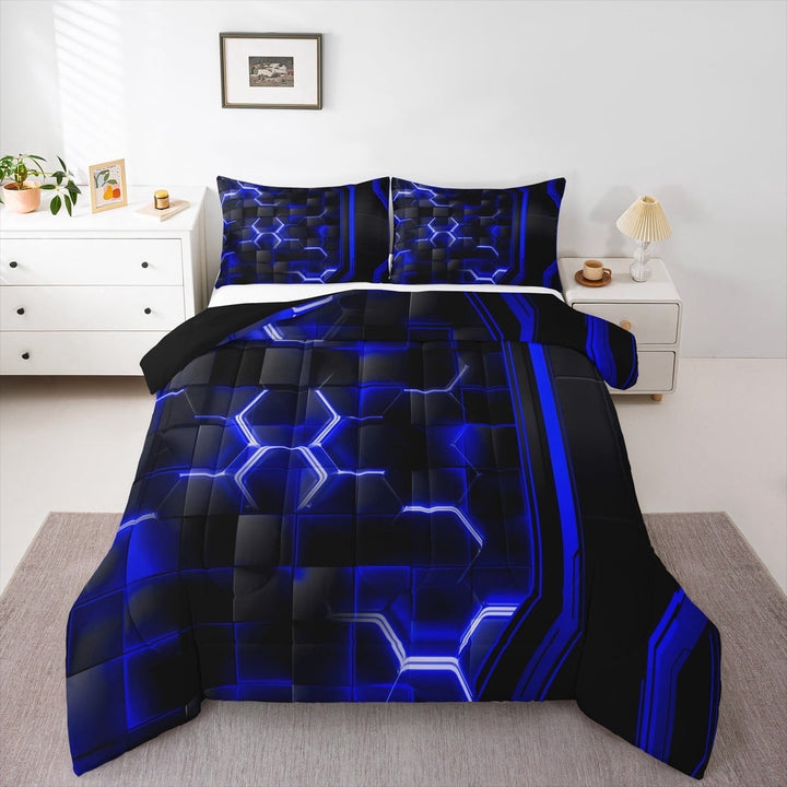 Erosebridal Blue Black Buffalo Comforter Sets Full Size,Abstract Geometric Comforters &amp; Duvets,Geometry Honeycomb Bedding Full Comforter Set,Breathable Bedroom Decor Reversible,3 Pieces