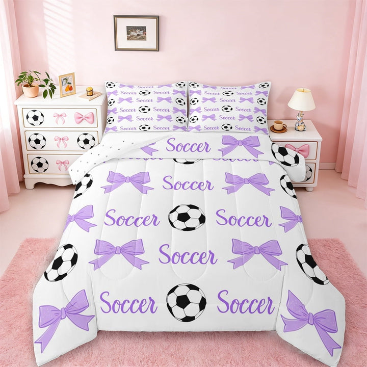 Erosebridal Purple Bows Queen Comforter Set For Girls,Football Ball Game Kids Bedding Comforter Set,Reversible Black 3pcs