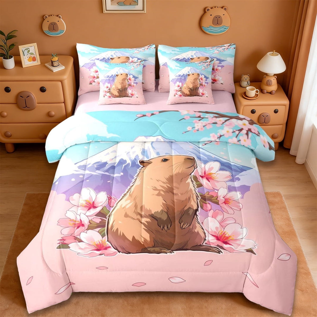 Erosebridal Kids Capybara 7-Piece Twin Bedding Sets For Capybara Lovers,Japanese Cherry Mountain Bedding Comforter Set ,Reversible Pink