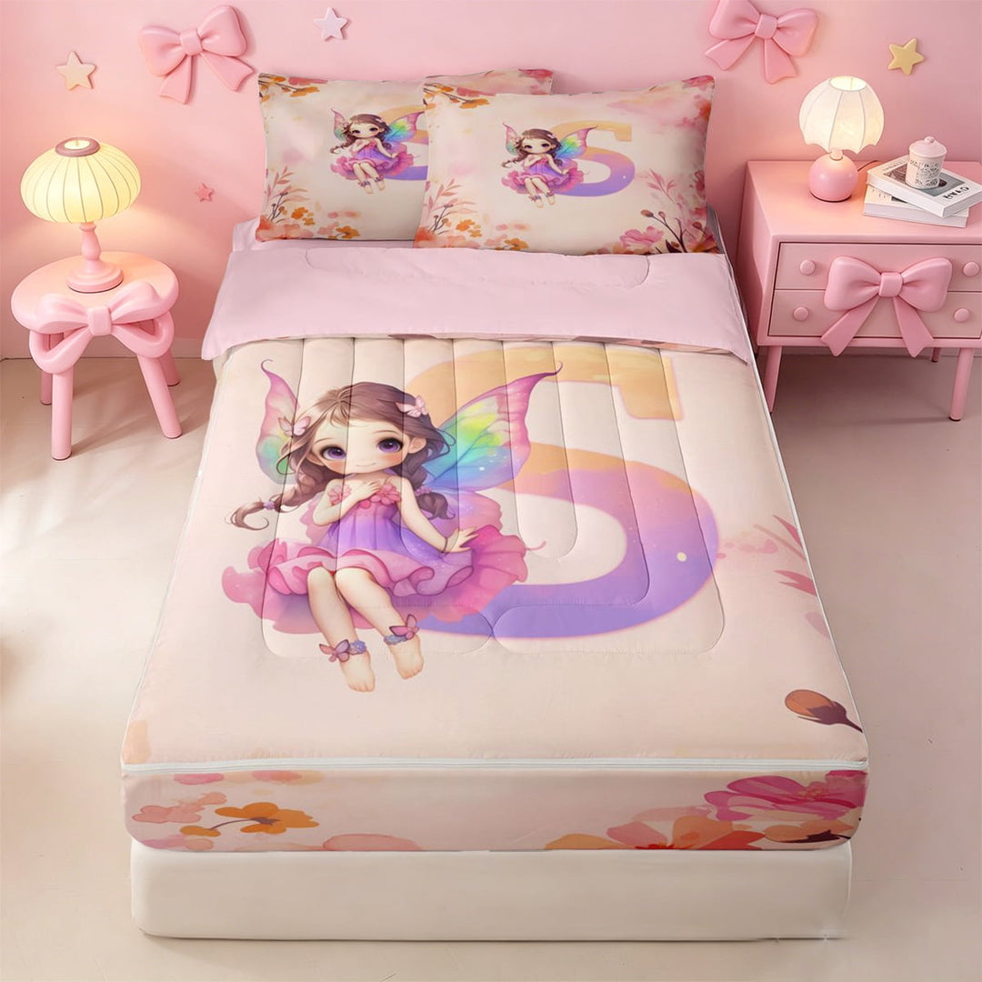 meiyoeat Rainbow Initial Letter S Zipper Full Size Comforter Sets with Fitted Sheet and 2 Pillowcases,Cute Rustic Plant Floral Zipper Bedding Set For Girl,Pink Reversible,4 Pieces