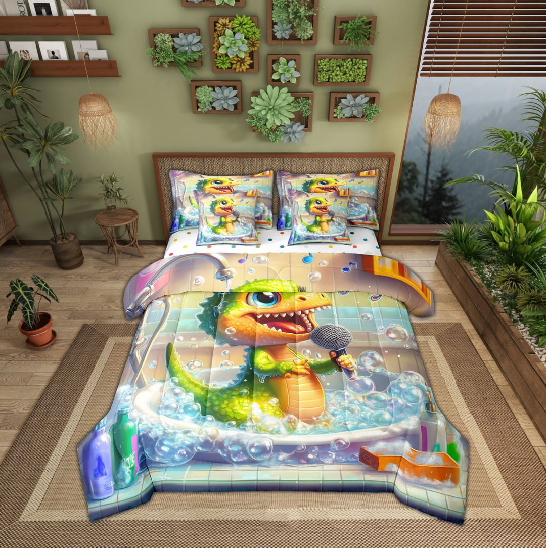Erosebridal Kawaii Alligator Bedding Sets Twin Size,Cartoon Bubble Comforter Sets with Sheets,Microfiber Reversible Bed in a Bag Twin size,Animal Decoration,7pcs