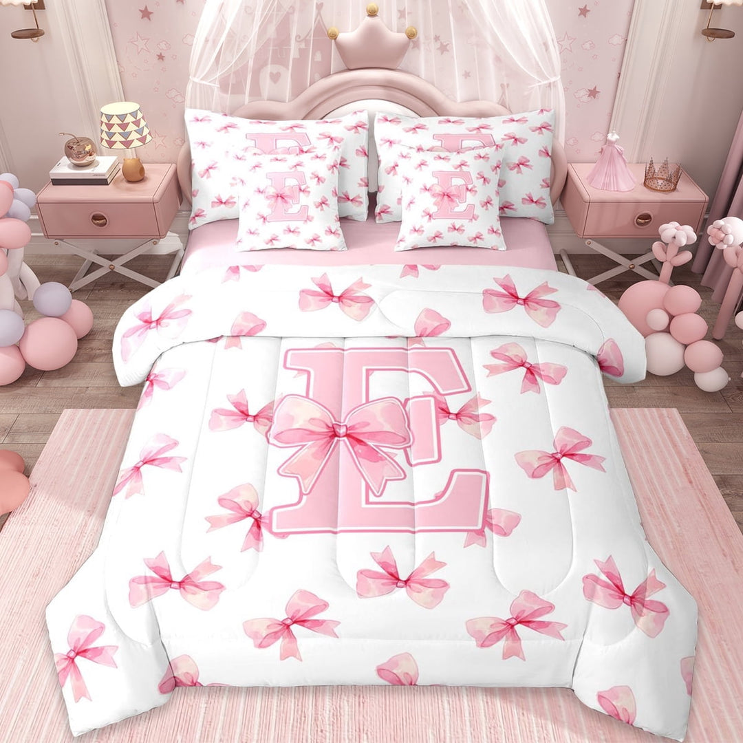 Erosebridal Letter E Monogrammed 7-Piece Twin Bedding Sets,Pink Girly Bowknot Bedding Comforter Set For Bows Lover,Reversible