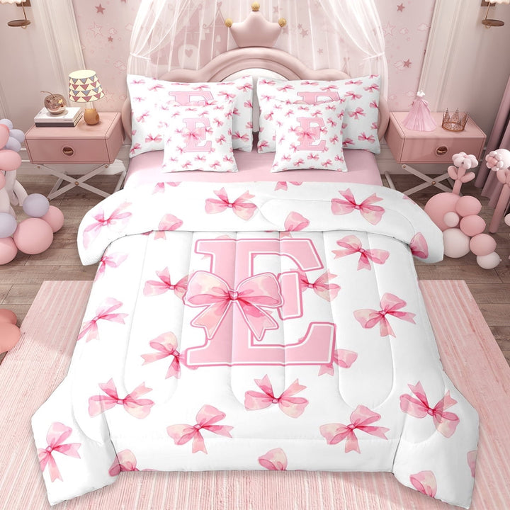 Erosebridal Letter E Monogrammed 7-Piece Twin Bedding Sets,Pink Girly Bowknot Bedding Comforter Set For Bows Lover,Reversible