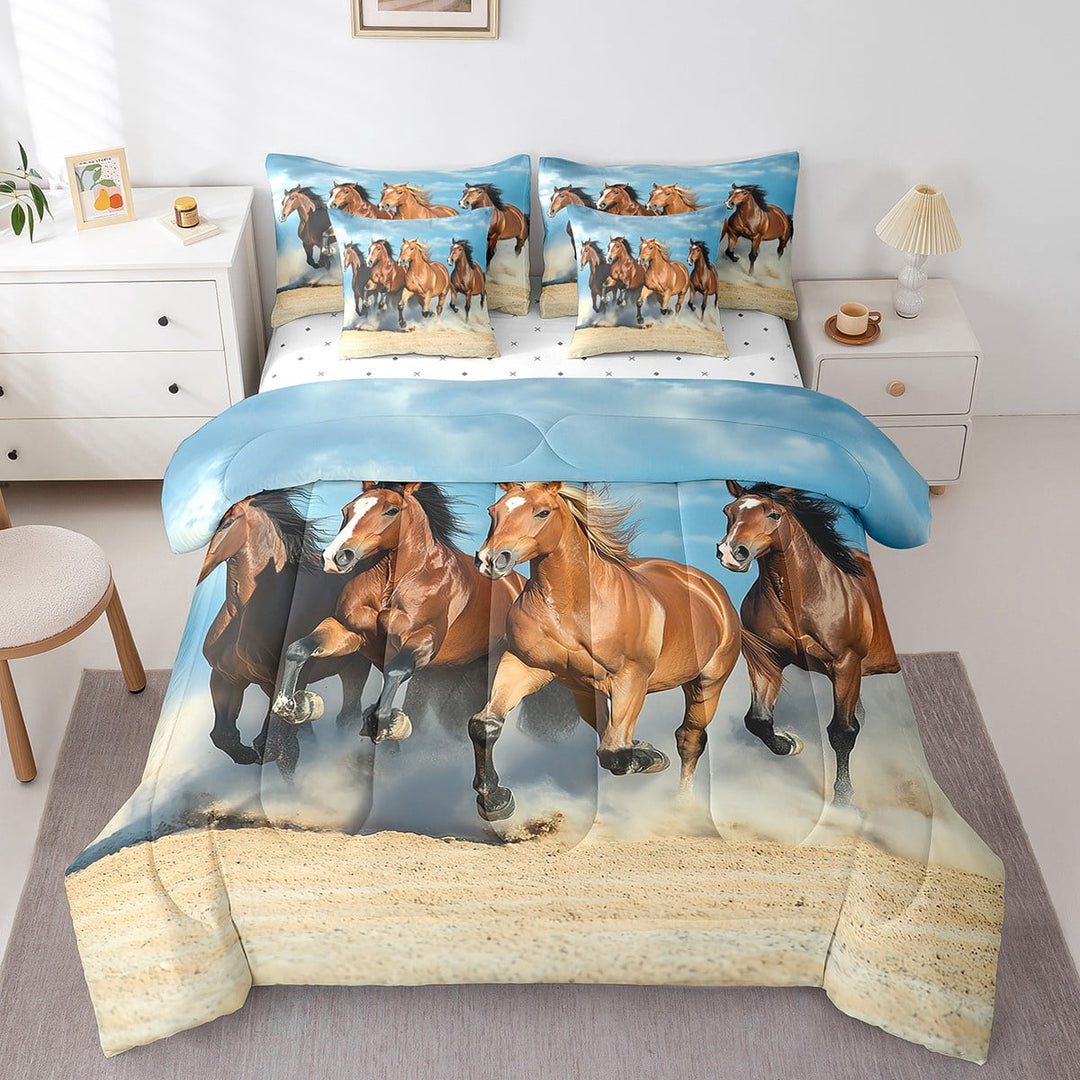 7 Piece 3D Horse Bed In A Bag Queen for Women Men Adults Galloping Horse Printed Comforter Set,Wildlife Horse Bedding Sets Western Farmhouse Animal Sheet Set with Comforter