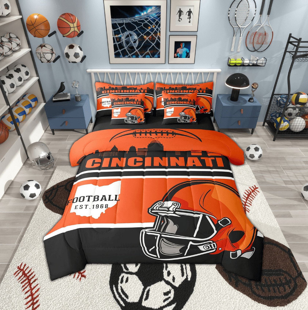 Erosebridal Football Cincinnati Bedding Sets, Soccer Sport Comforter Sets with Sheets, Black Orange Reversible Bed Sheets Set, Breathable Room Decoration, 7pcs