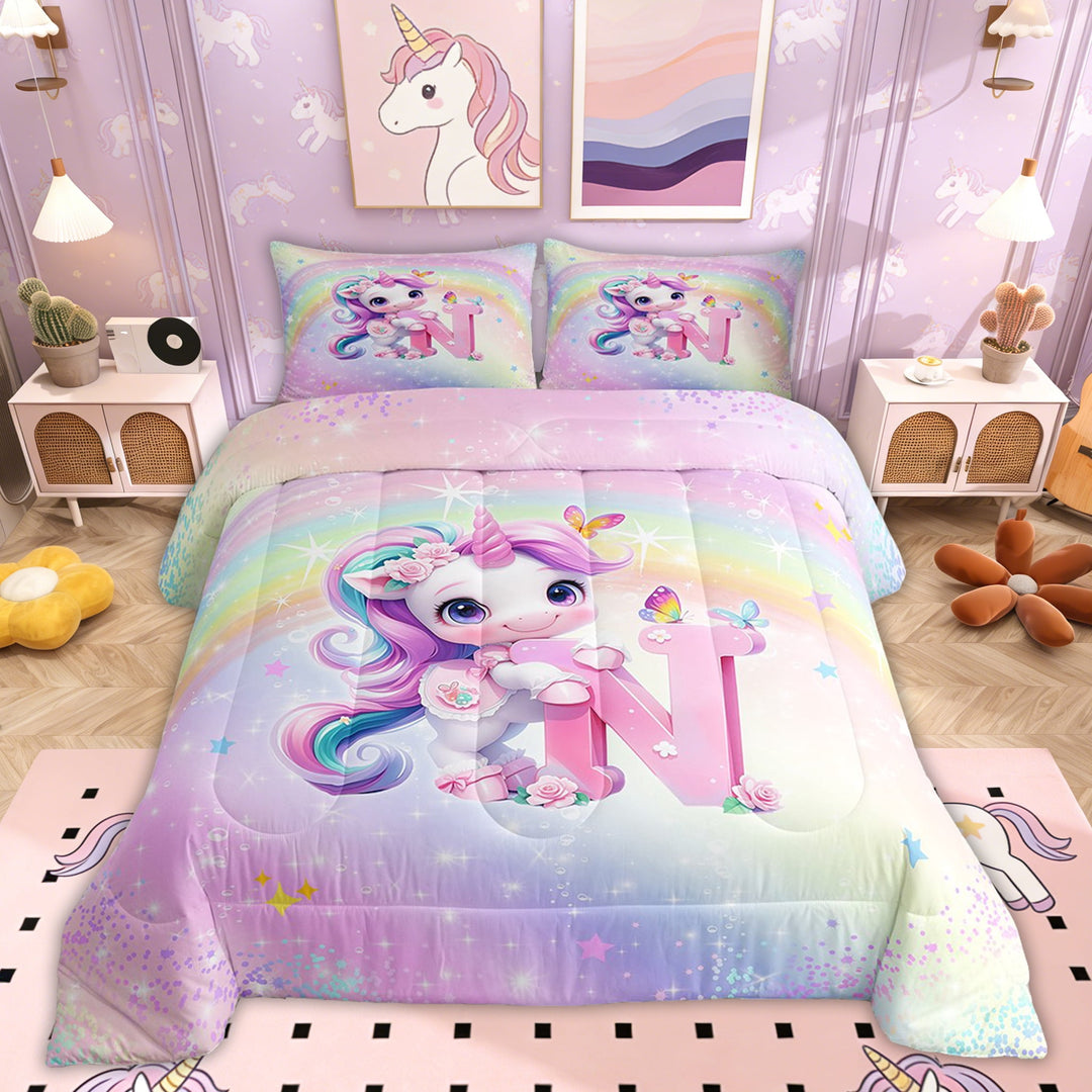 Erosebridal Girly Unicorn Bedding Twin Comforter Set, Romantic Initial N Down Comforter, Kawaii Rainbow Decor, Reversible