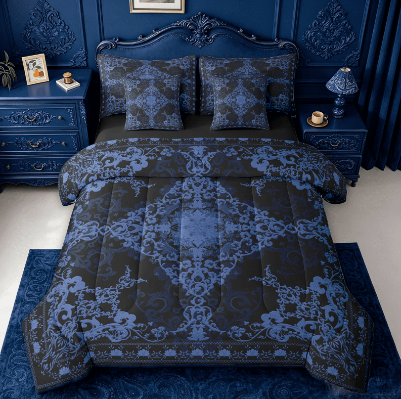 Erosebridal Damask Baroque Floral 7pcs Bedding Comforter Set For Adult,Vintage Gothic Theme Queen Bedding Sets,Reversible black