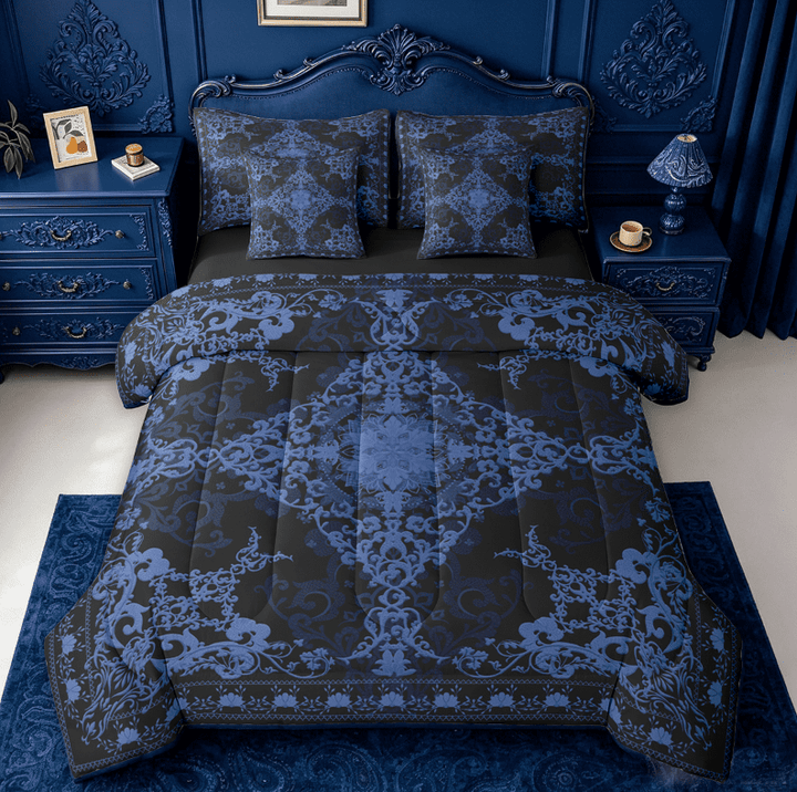 Erosebridal Damask Baroque Floral 7pcs Bedding Comforter Set For Adult,Vintage Gothic Theme Queen Bedding Sets,Reversible black