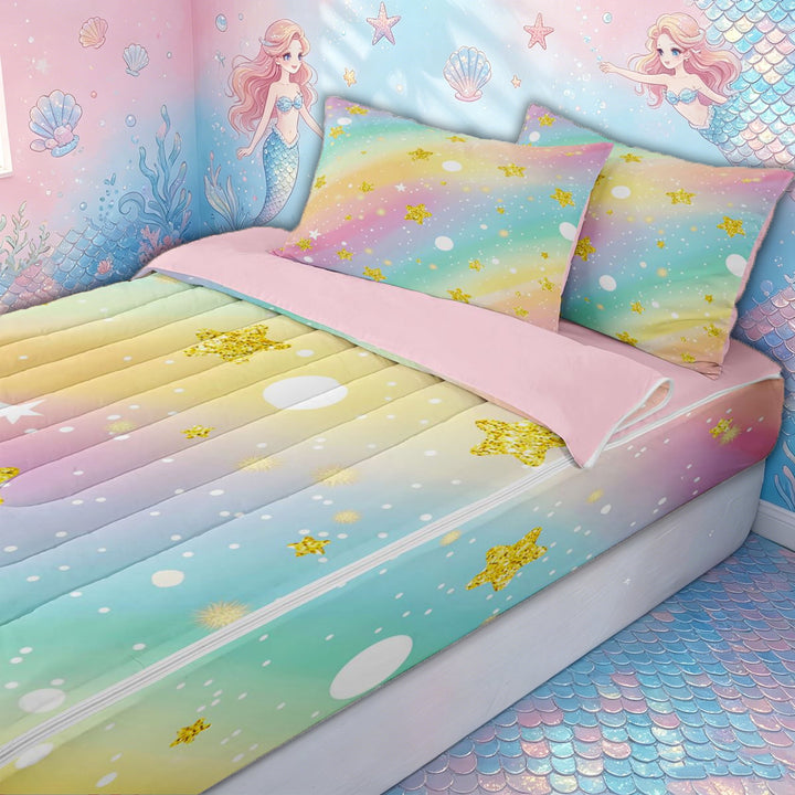 meiyoeat Magical Glitter Star Print Zipper Full Size Comforter Sets with Fitted Sheet and 2 Pillowcases for Kids Girls, Rainbow Gradient Zipper Bedding Set for Bedroom, Pink ReversibleG