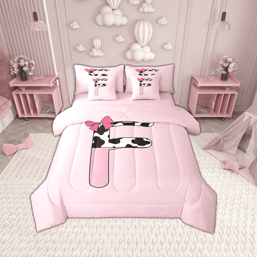 Erosebridal Letter Initial F Bedding Sets Twin Size,Kawaii Bow Comforter Sets with Sheets,Microfiber Reversible Bed in a Bag Twin size,Cow Print Decor,7pcs