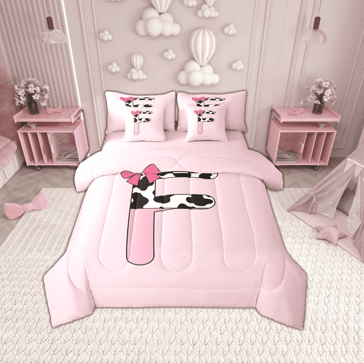 Erosebridal Letter Initial F Bedding Sets Twin Size,Kawaii Bow Comforter Sets with Sheets,Microfiber Reversible Bed in a Bag Twin size,Cow Print Decor,7pcs