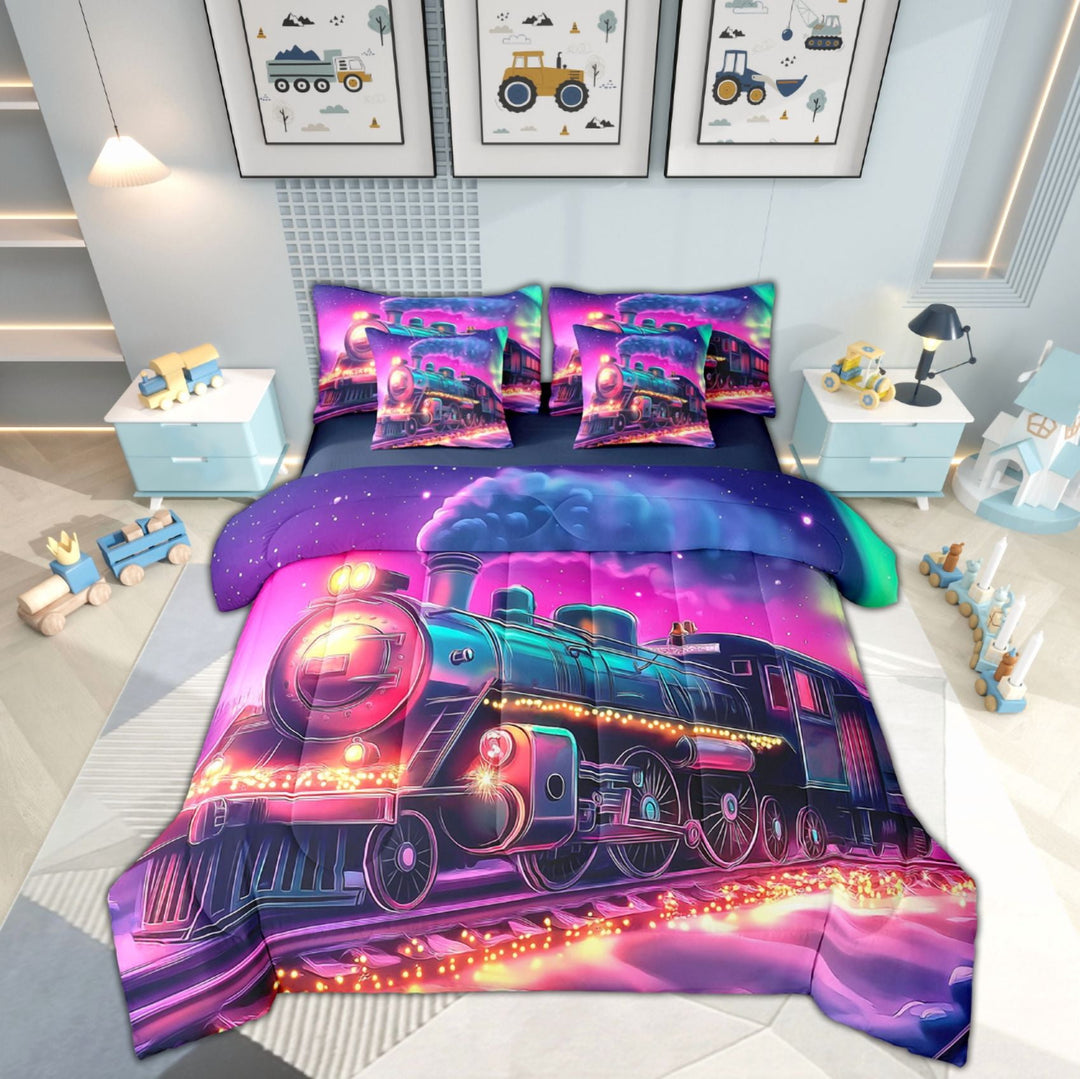 Erosebridal Train Print Bedding Twin Size 7pcs, Steam Engine Comforter Sets with Sheets, Hot Pink, Reversible