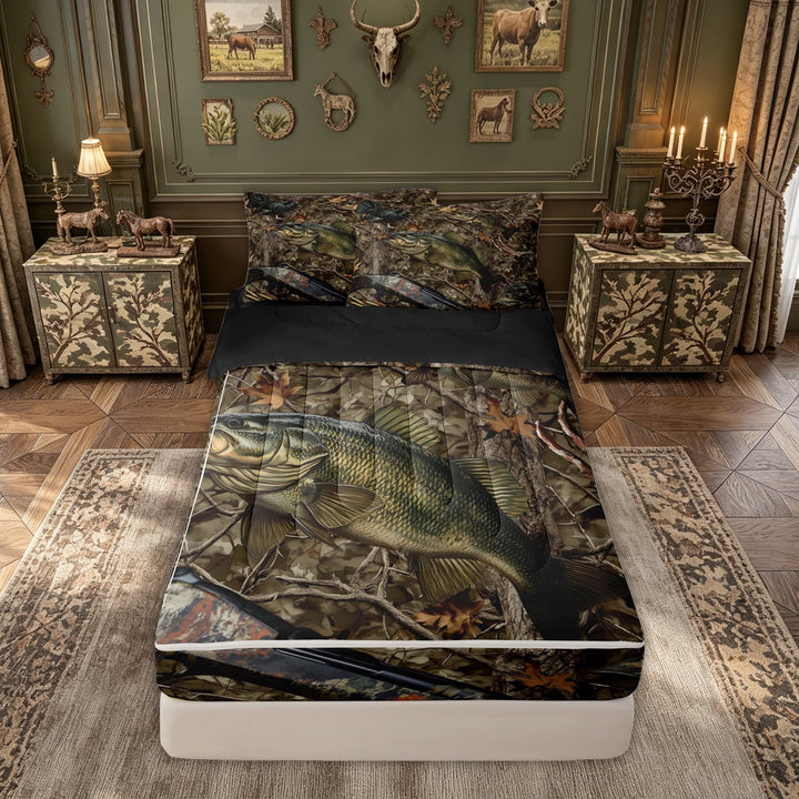 meiyoeat Farmhouse Outdoor Hunting Zipper Comforter Set with Fitted Sheet and 2 Pillowcases for Men Boys, Camo Forest Branches Zipper Bedding Set, Brown Green, Black Reversible, 3-Piece