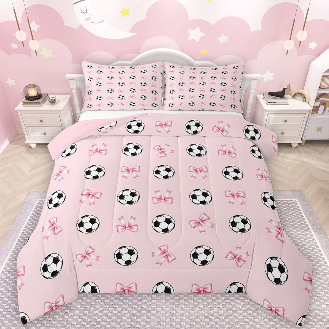Manfei Football Soccer Game Full Size Comforter Sets,Sport Theme Bedding Comforter Set,Cartoon Bow Knot Bedding Sets For Girl Boy,Breathable Home Decor Reversible,3-Piece
