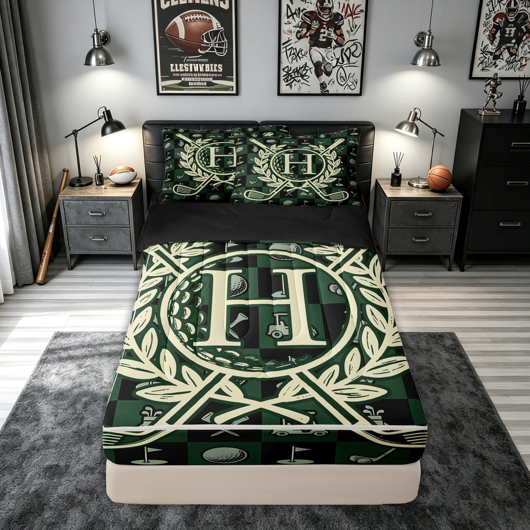 meiyoeat Golf Letter Zipper Comforter Set with Fitted Sheet and 2 Pillowcases for Men Women, Green Patchwork Buffalo Zipper Bedding Set, Black Reversible, 3 Pieces