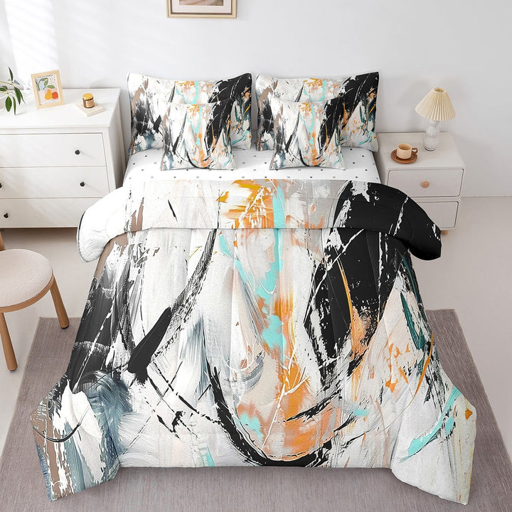 Orange And Black Comforter Set Queen Abstract Graffiti Bed In A Bag 7 Piece Oil Painting Grunge Bedding Set Aesthetics Room Decor Adults Contemporary Artwork Bed Sheet Set