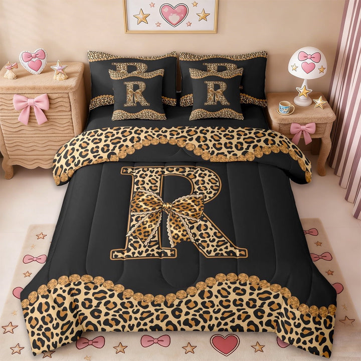 Erosebridal Leopard Pattern Bowknot 7-Piece Twin Bedding Sets,Brown Letter R Monogrammed Bedding Comforter Set For Girls Kids,Black Reversible